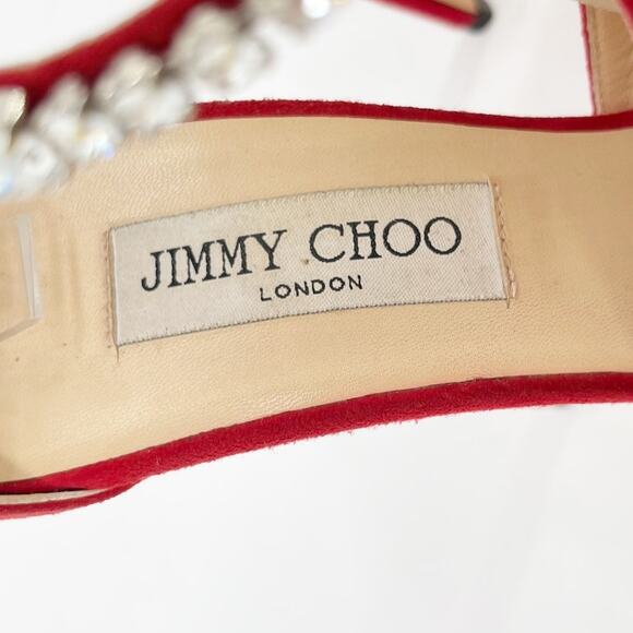 Jimmy Choo Farah Red Suede Crystal Trim Peep Toe Platform Sandal Heel IT 38.5 - Picture 13 of 14